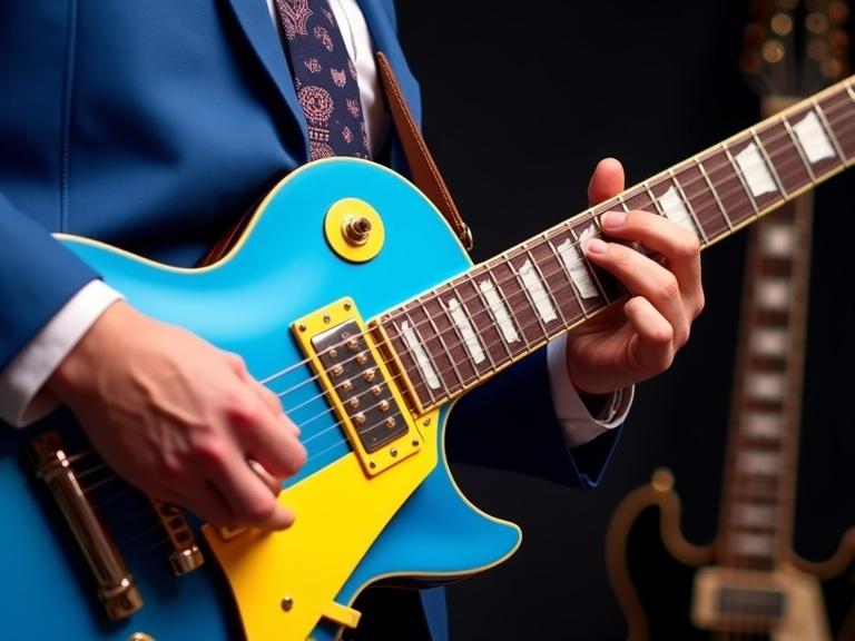 Close-up shot shows musician's hands playing electric guitar. Guitar is blue with yellow pickguard. Musician wears blue blazer and patterned tie. Background has another guitar partially visible. Image has vintage aesthetic with rich color tones.