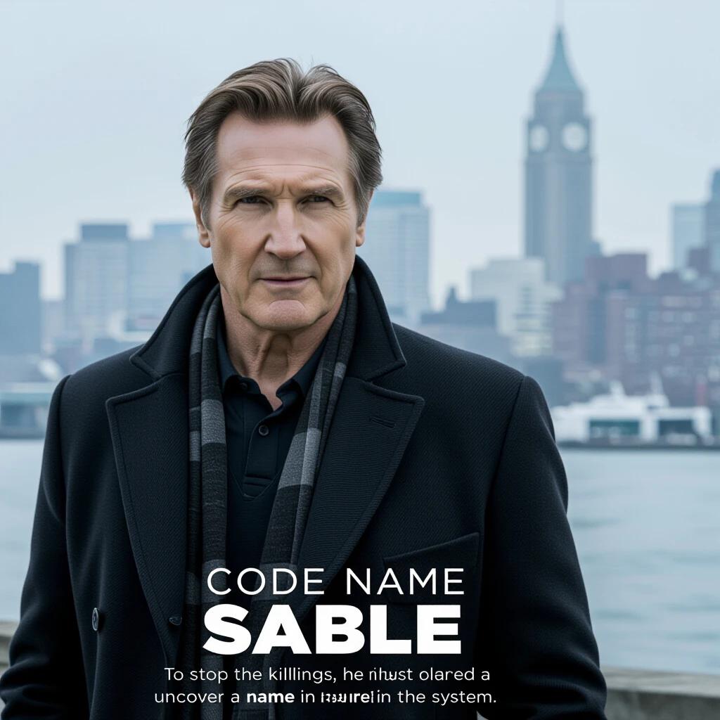 A man in a dark coat stands along the waterfront. A city skyline is visible in the background. The man looks serious and contemplative, hinting at a deeper story. The title 'CODE NAME: SABLE' appears prominently. A tagline suggests urgency and suspense.