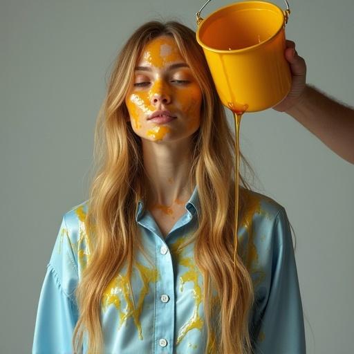 Photo of a woman with long hair being sprinkled with honey from a bucket. She wears a shiny light blue satin shirt and grey leggings. Honey runs over her hair and drips onto her clothes. The scene appears chaotic and messy. Bright lighting highlights the honey on her and the surrounding area. The composition centers on her with disorderly elements around her. The perspective is angled down.