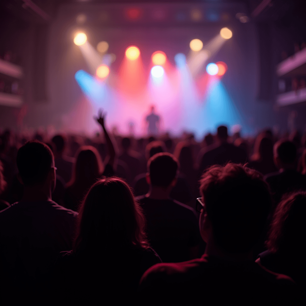 A vibrant concert scene with a crowd silhouetted against colorful stage lights on a performer.