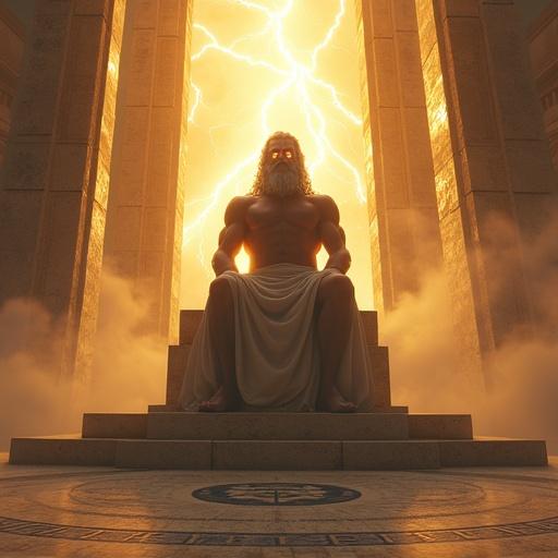 Colossal stone temple above clouds. Golden sunlight illuminates marble floor with ancient Greek runes. Towering throne holds Zeus, a bodybuilder with glowing eyes and silver hair. He opens his eyes as storms crackle in the distance. Dramatic lighting and thunder echo.