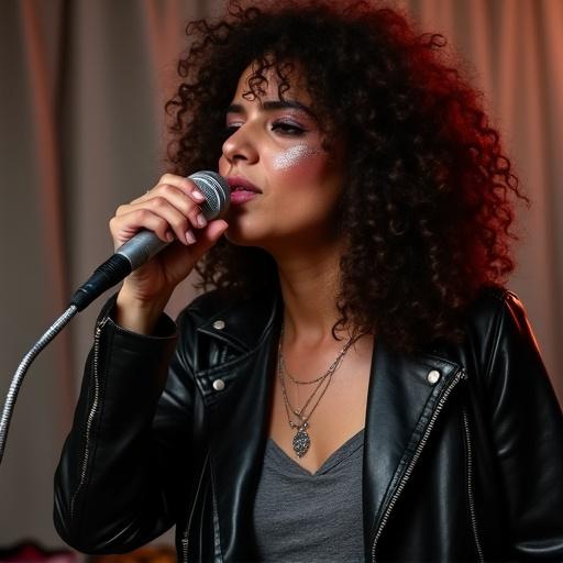 A 29-year-old singer preparing for her set backstage at a music festival. She has wild curly hair and glitter on her cheekbones. Wearing a leather jacket over a band tee. Smudged black eyeliner. A roadie hands her a water bottle.