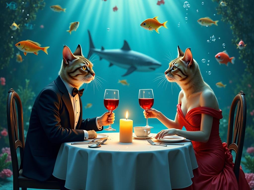 An underwater dining scene featuring anthropomorphic cats. One cat, dressed in a tuxedo, sits at a table with a elegantly dressed female cat in a stunning red gown. They each hold a glass of red wine, with a glowing candle casting a warm light amid the deep blue waters. Surrounding them are colorful fish swimming in clusters, bubbles rising around the table, adding a whimsical element to the setting. In the background, a playful shark can be seen, enhancing the surrealistic atmosphere of the scene. The entire composition is highly detailed, emphasizing the fantastical, dreamlike quality of the underwater world.