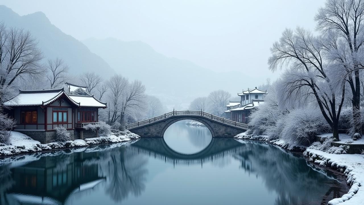 This image features a serene snowy scene in a Jiangnan water town. The landscape is covered with a delicate layer of snow, creating a tranquil atmosphere. In the foreground, a quaint small bridge arches gracefully over a gentle river. The water reflects the snowy surroundings and the soft light creates an ethereal glow. Distant mountains loom in the background, adding to the scenic beauty. Overall, the scene feels real and has a cinematic quality, perfect for capturing the essence of winter in this picturesque locale.