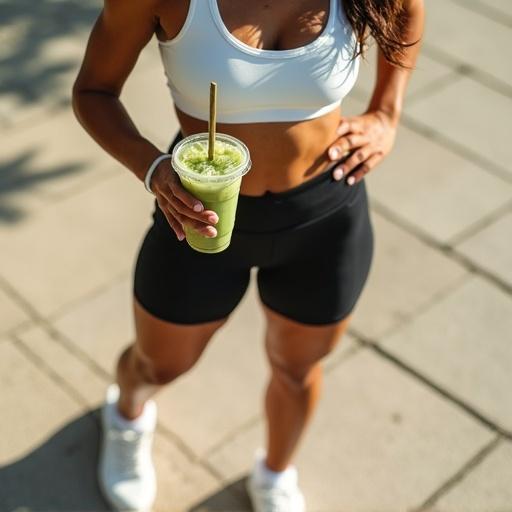 Top-down photo of fit athletic woman outdoors on tiled stone pavement. She wears a white sports bra and black high-waisted workout shorts. She holds a large iced matcha green tea with a straw. Toned abs and tanned skin catch warm sunlight. She wears white athletic sneakers and socks. Sharp natural shadow on ground. Realistic body detail. Captured with an iPhone photography.