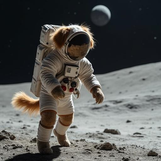 A dog dressed as an astronaut is jumping on the moon to catch a bone that is far out of reach. The scene shows a whimsical and adventurous concept of a pet exploring space.