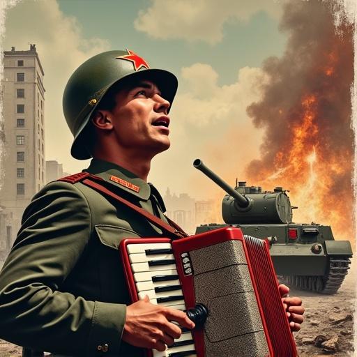 Soviet Red army soldier plays accordion amidst ruins and explosions. Soldier sings wearing helmet with red star. Background features destruction and a T-34 tank.