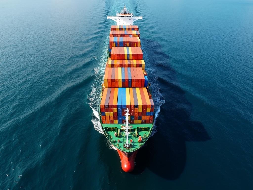 Aerial view of a large container cargo ship sailing across the open sea. The ship is heavily loaded with colorful shipping containers stacked high on its deck. The vibrant orange, blue, and yellow containers create a striking contrast against the deep blue ocean. The ship's deck features various equipment for loading and unloading cargo. This scene captures the essence of international freight shipping and the scale of global trade.