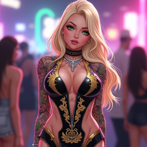 Anime character in a luxurious, oversized nightclub. Woman with emerald green eyes and light blonde wavy hair. Beautiful face with light pink lipstick and jewelry. Muscular build with 6 pack abs. Wearing a sexy and edgy judo dress. Crowd of people in a colorful setting.