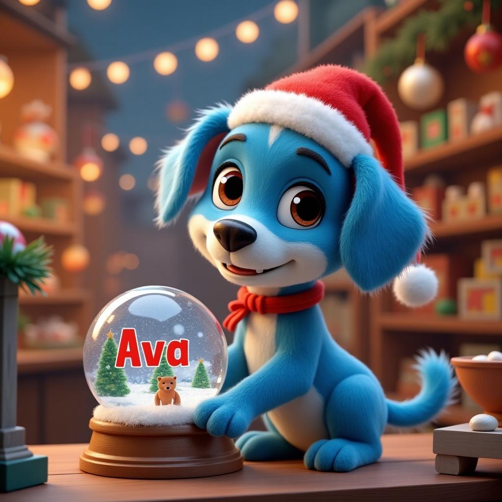 Christmas scene with a blue cartoon dog holding a snow globe. Dog wears a red Santa hat. Snow globe shows the name Ava. Background features festive lights and decorations in a toy shop.