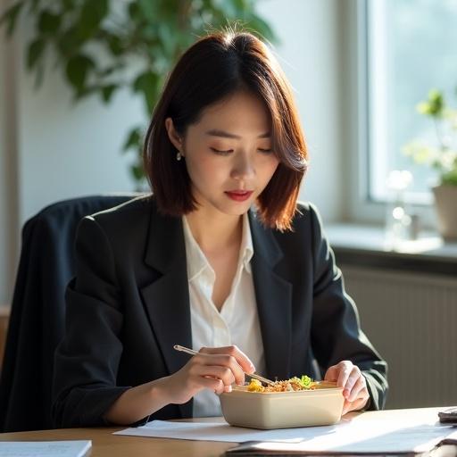 A Japanese woman enjoys a bento box in an office setting. Light shines through a window, illuminating her features. She has a neat bob hairstyle and wears a blazer. Her desk shows signs of professional clutter. She appears relaxed as she takes a break from work. A pen mark is visible on her wrist, and her feet are bare.