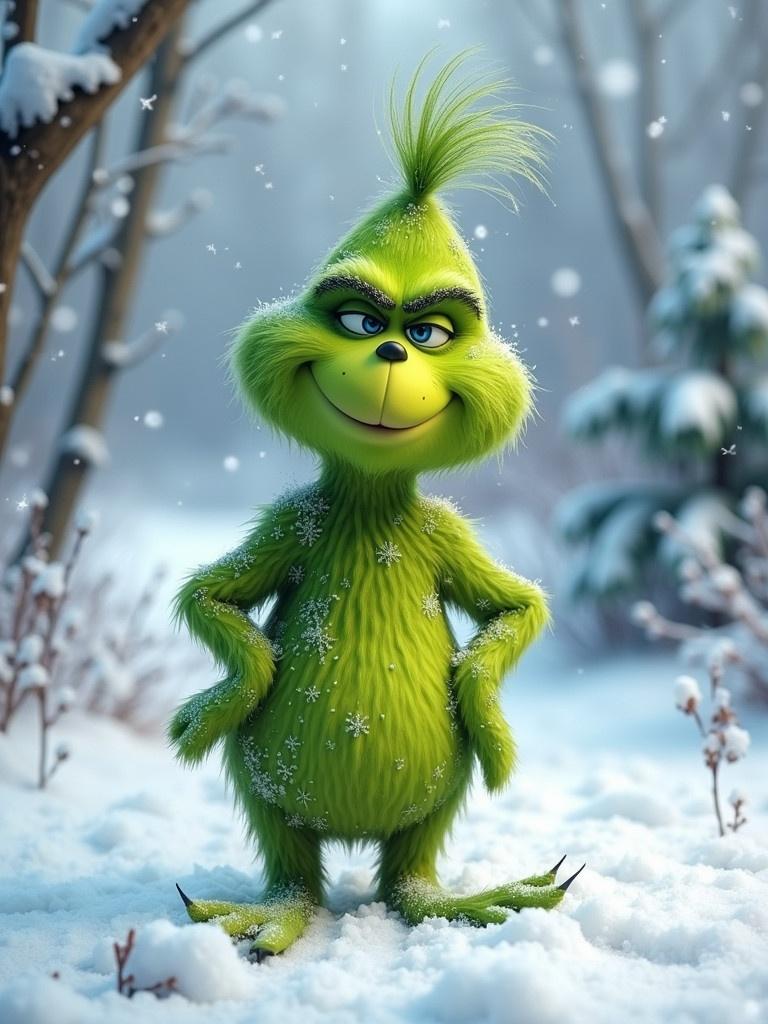 A playful green character stands in a snowy winter landscape. The snow gently falls around the character. The environment looks festive. The scene conveys a fun and charming vibe.