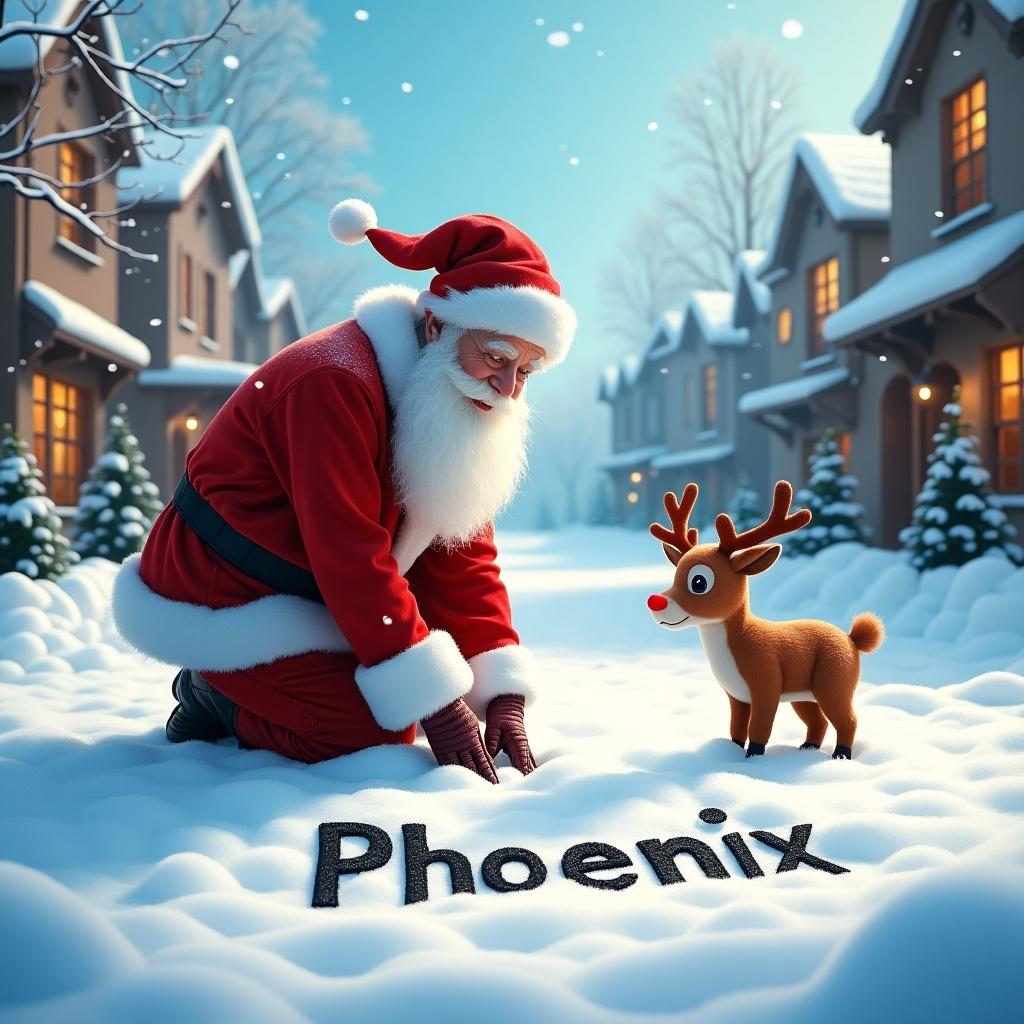 A snowy landscape showcases Santa Claus in a joyful scene. Santa writes children's names in the snow like 'Phoenix'. A cheerful little reindeer observes. Bright blue sky with fluffy white snow provides a vibrant backdrop. Soft winter light casts a warm glow, enhancing the festive atmosphere.