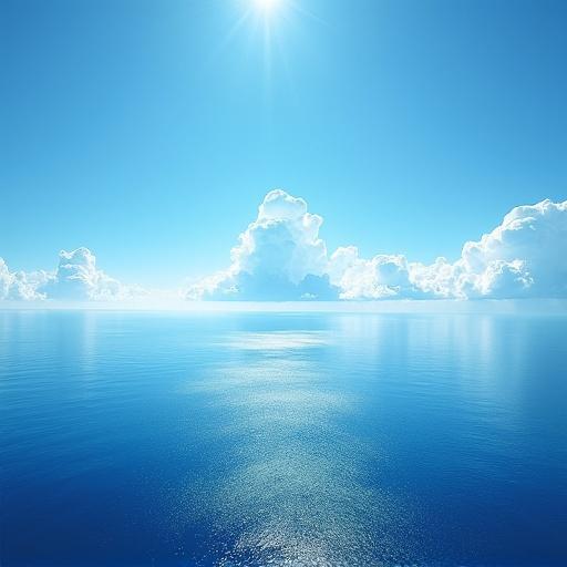 A vast ocean under a clear blue sky with clouds. Sunlight glistens on the water's surface. Horizon merges ocean with the sky. Ground visible on the left.