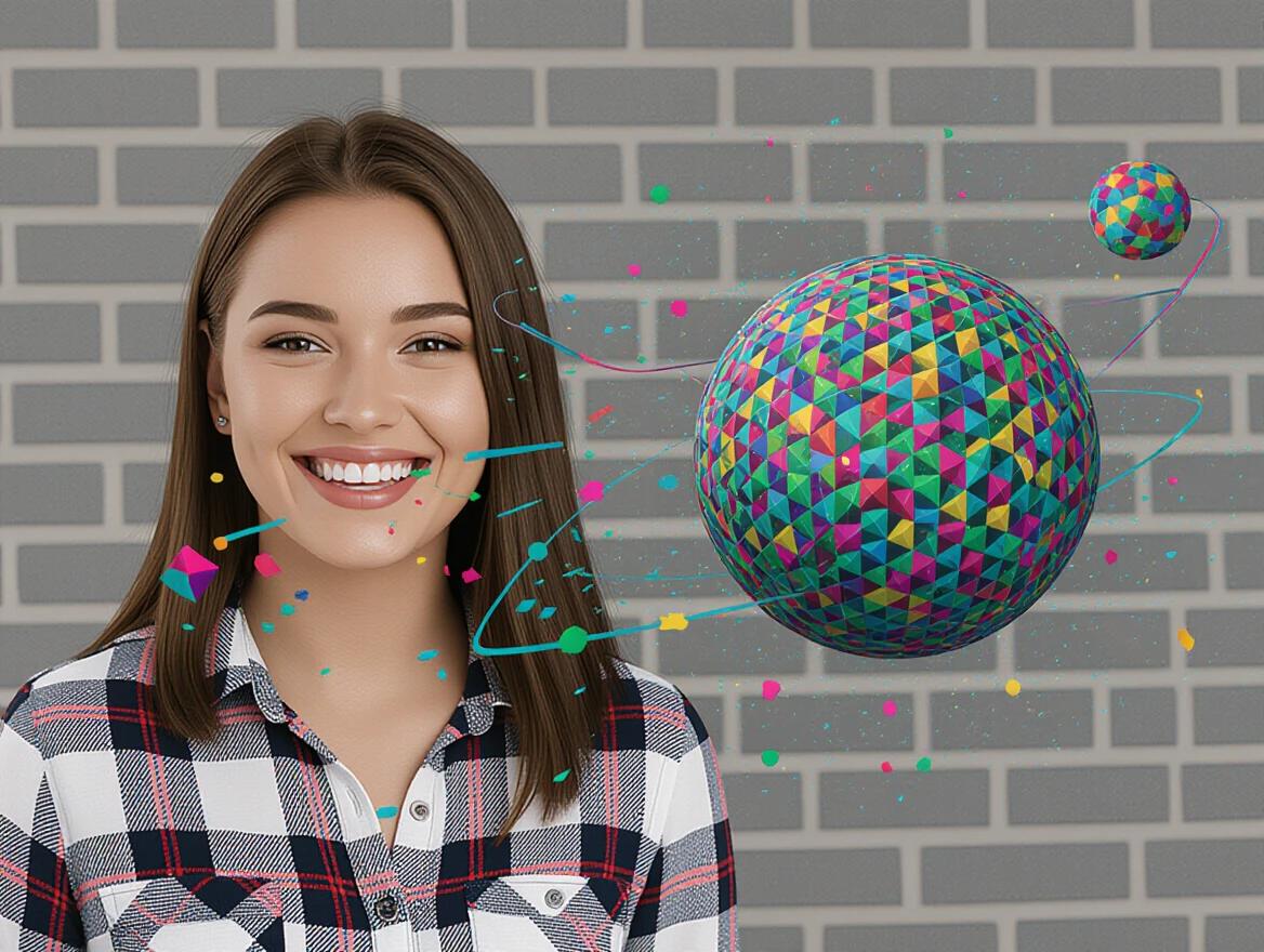 A woman smiling in front of a gray brick wall with colorful 3D spheres floating around. The design includes splashes of color and geometric patterns in a modern style.