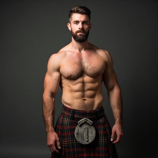 Portrait of a man with medium-length hair and short beard wearing a Scottish kilt. Sculpted body, not overly muscular. Focus on traditional attire and masculine appearance.