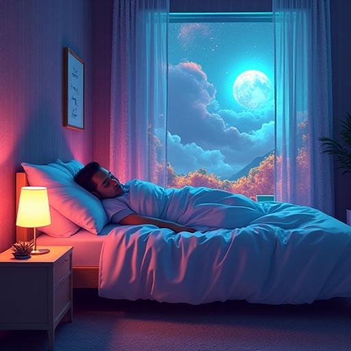 A surreal dynamic image shows a sleeping person in a cozy bed. There is a shimmering protective aura appearing like a bodyguard. In the background, a vibrant dream world unfolds with the person heroically sprinting. Surrounding movements are made of colorful, swirling hues and fantastical landscapes. Delicate glowing threads separate the dream scene from the sleeping body. The artistic style blends cyberpunk neon aesthetics with impressionistic dream-like qualities, highlighting contrasts of tranquility and movement.