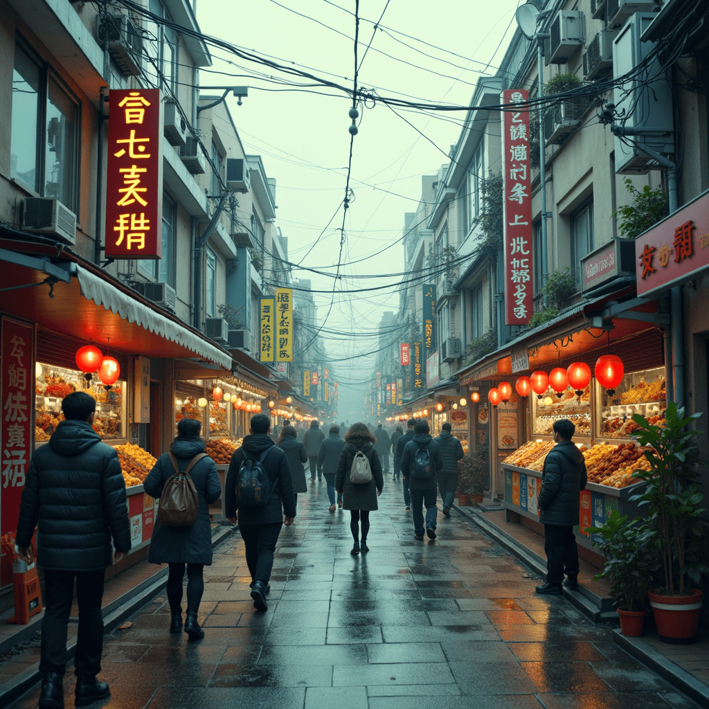 People walk through a bustling market street lined with illuminated stalls and signs, under a misty sky.