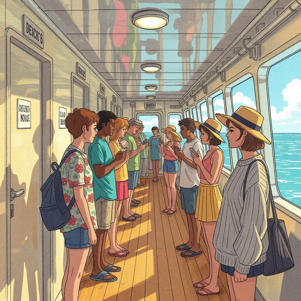 A narrow corridor on a ferry. Passengers near bathroom marked 'occupied.' Hot atmosphere with ceiling fans. People show impatience, fanning themselves. Varied summer attire. Emma observes in an oversized sweater. Mood reflects humid discomfort. Semi-realistic comic style with focus on details and emotion.