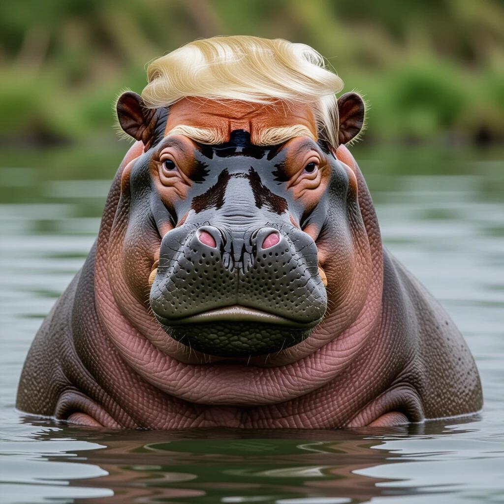 Hippo has features resembling Donald Trump. The hippo has a blonde hairstyle and facial expressions similar to Trump. The setting is a lake or calm water with a blurred background of greenery.