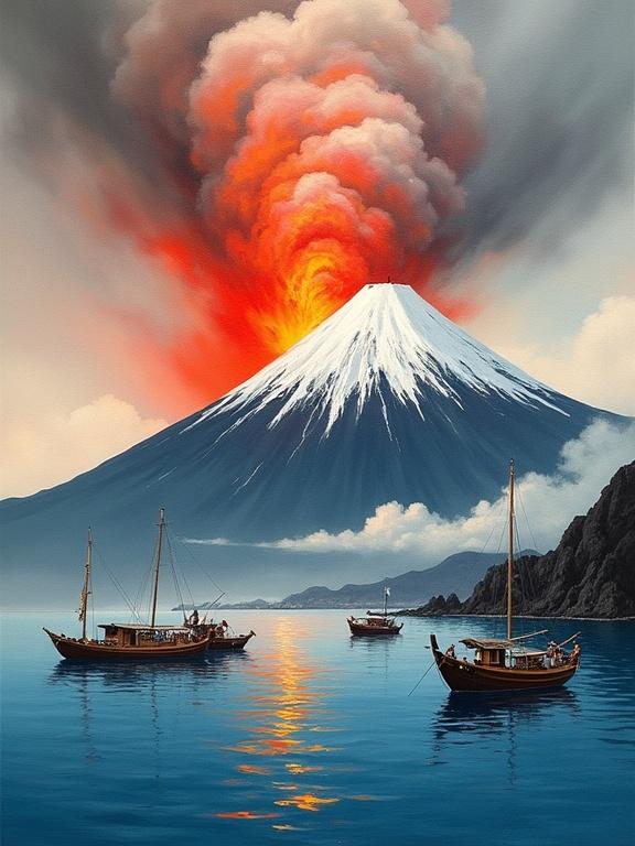 Dramatic stylized depiction of volcanic eruption from coastal perspective. Massive ash cloud from snow-capped volcano. Vibrant oranges and reds radiating outward. White mountainous landscape and black volcanic peaks. Tranquil azure sea. Traditional fishing boats anchored in water, populated by figures. Painterly style inspired by Japanese woodblock prints. Bold lines and flat colors create composition and perspective. Strong contrast between fiery eruption and cool water. Atmospheric perspective with detailed ocean surface. Impasto brushstrokes add texture. Oil painting style featuring red, blue, gray, and white.