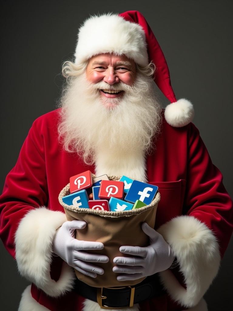 Santa Claus in a red suit holding a bag filled with social media icons. Joyful expression. Emphasizes the importance of education and holiday spirit.