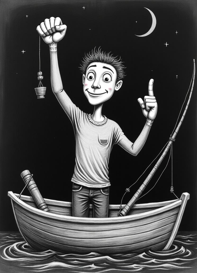 Scratchboard art of a mime in a fishing boat. Fishing pole in boat. Mime raises one hand high with a fist. Big smile. Points with the other hand at the fist. No object in the fist. Dark background with stars.