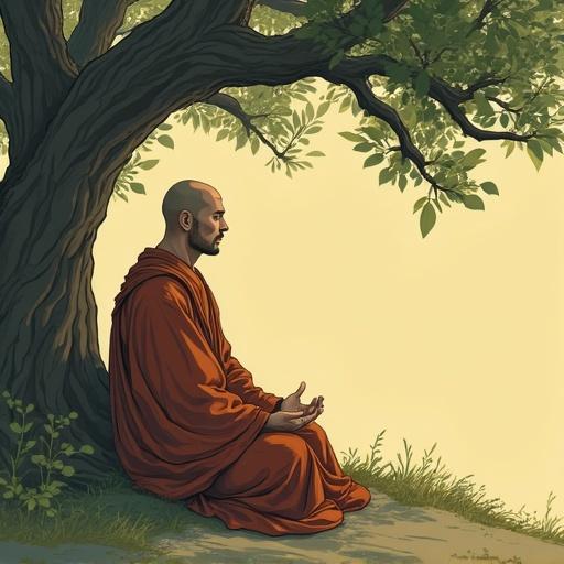 Monk meditates under a tree. The artwork reflects anime style with vintage elements. A long shot captures the serene scene.