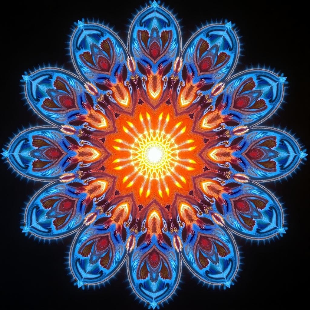 Image representing Nam-Myho-Renge-Kyo through cymatics. Patterns and colors created by vibrations in a symmetrical design. Central vibrant sun surrounded by intricate shapes. Bright colors radiate outward.