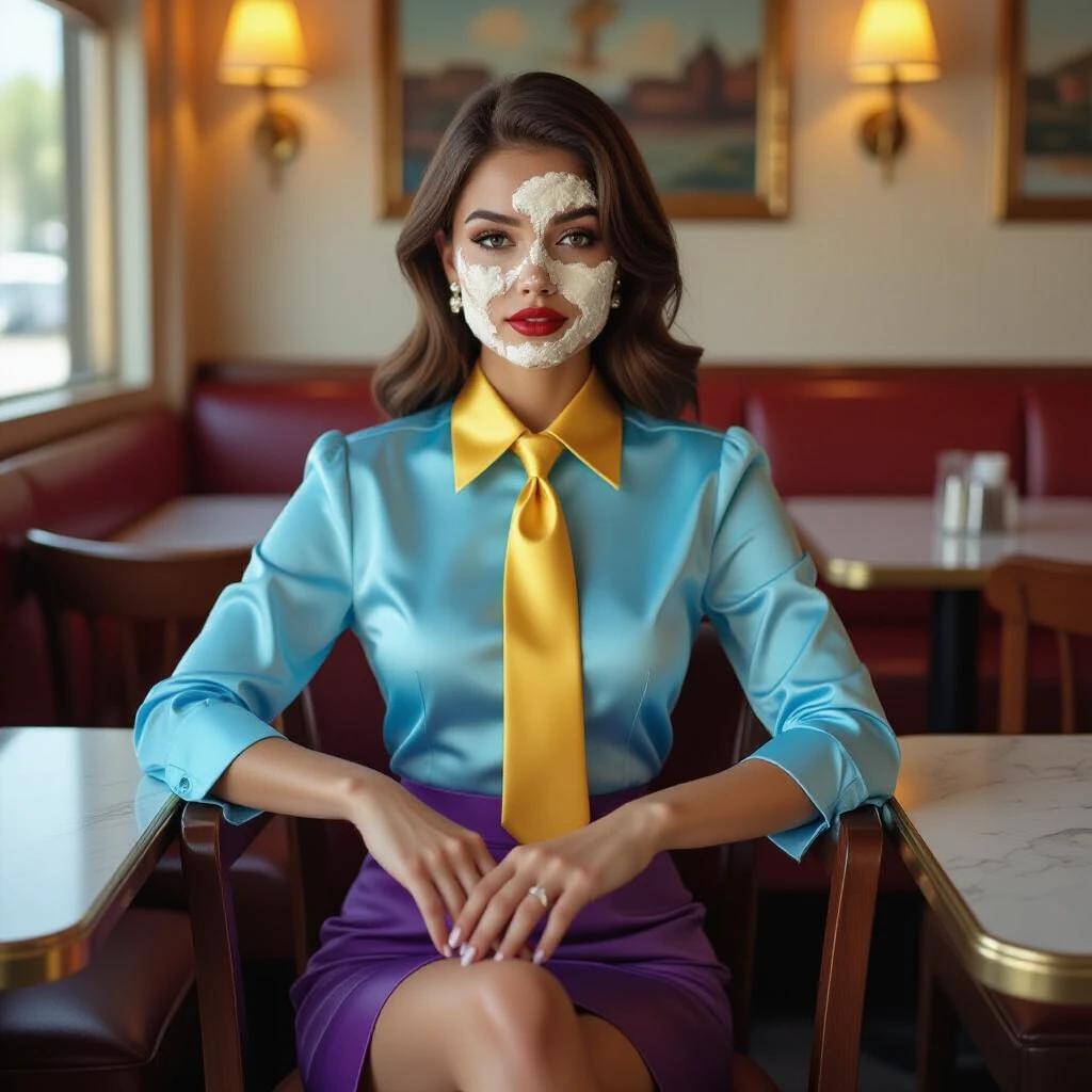 A seated woman in a shiny blue satin shirt with a gold tie and a purple pencil skirt. Her face and clothes are smeared with a light-colored cream substance. She sits directly facing the viewer in a restaurant, exuding a playful and humorous vibe. The atmosphere is slightly chaotic, and her expression is surprised or amused.