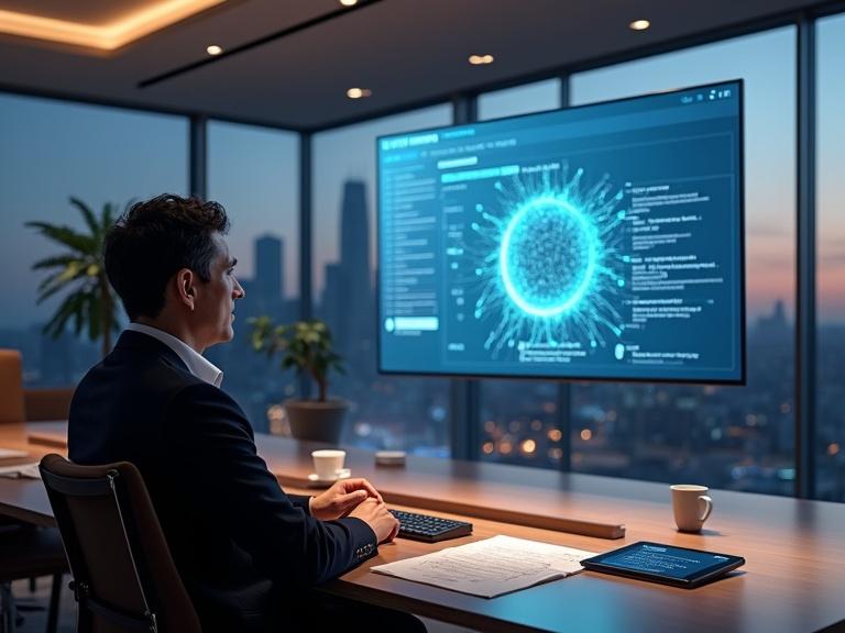 Modern professional conference room with glass walls showing city skyline at dusk. Soft lighting from ceiling fixtures. Large OLED screen displays AI Committee Discourse Forum. Mid-adult person in white shirt and black blazer at minimalist desk with keyboard and holographic neural network diagram. Foreground includes ceramic mug with steam, open notebook with notes, tablet with code snippets, and potted snake plant. Subtle textures in the room and natural shadows enhance realism. Neutral colors with blue and green accents.