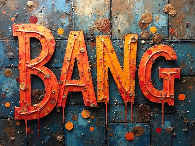 3D text art of the word 'BANG' in colorful and textured style. Mixed media with layers of materials like wood jute and confetti. Bright and engaging colors with a sense of depth. Multi-layered design with scratches and tears creating visual interest.