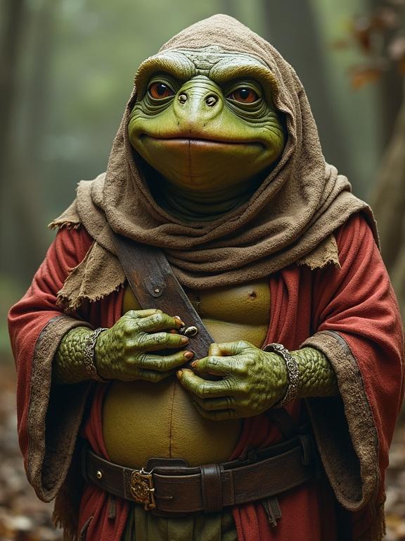 An anthropomorphic frog-like creature wearing a brown cloak and a rustic outfit. The character stands confidently in a forest background, displaying a serene expression. The creature has distinct green skin and large expressive eyes. Intricate details on the clothing suggest a character of wisdom.