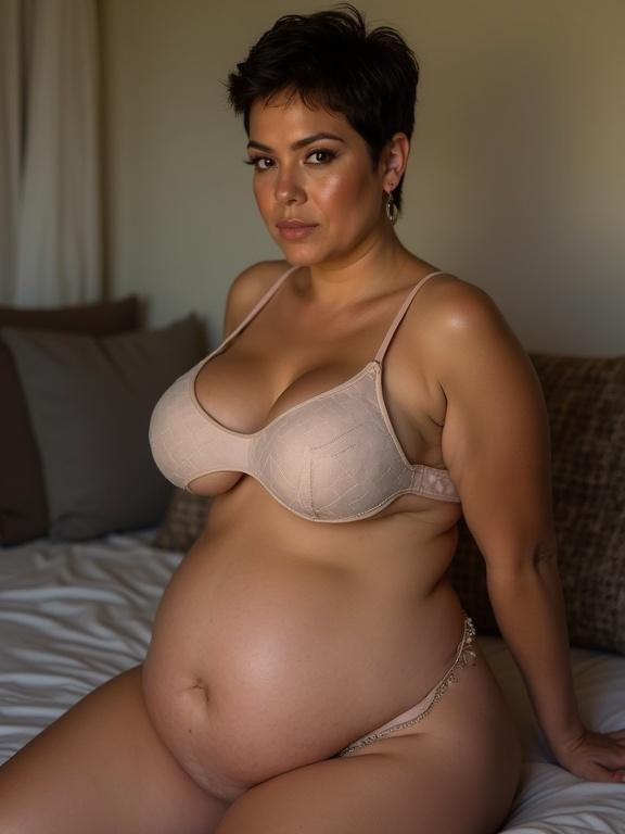 portrait of a curvy mature woman with short hair seated on a bed. She wears a beige bra and has a prominent pregnancy belly. The background is softly lit with warm tones.
