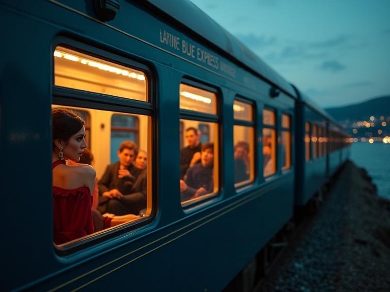 Vintage 1920s luxury train Blue Express speeding through French Riviera at dusk. Elegant passengers in period clothing. Mysterious woman in red dress glancing nervously out window. Deep blue tones with golden lighting. Suspenseful cinematic atmosphere reminiscent of classic detective stories.