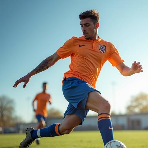 Capturing an athlete in action wearing a soccer uniform. High-quality sports photography with a clean sky and dynamic movement. Emphasizing physicality and motion.