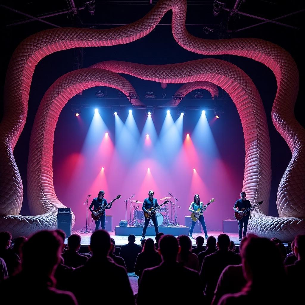 Rock band performing on a snake themed stage. Colorful lights shine down on musicians. Large inflatable snake decorates the stage. Audience watching from below.