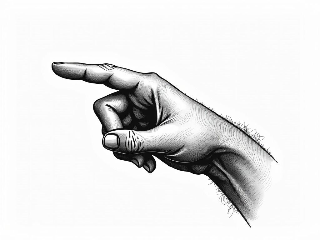 A hand with a pointing finger is depicted in black and white. The illustration shows a well-defined, intricate hand as it signals direction with its outstretched finger. The hand has detailed lines, highlighting the contours and shadows for a dramatic effect. The background is kept simple and stark, enhancing the focus on the pointed finger. The overall artistic style has a classic, vintage feel, resembling an engraved or sketched image.