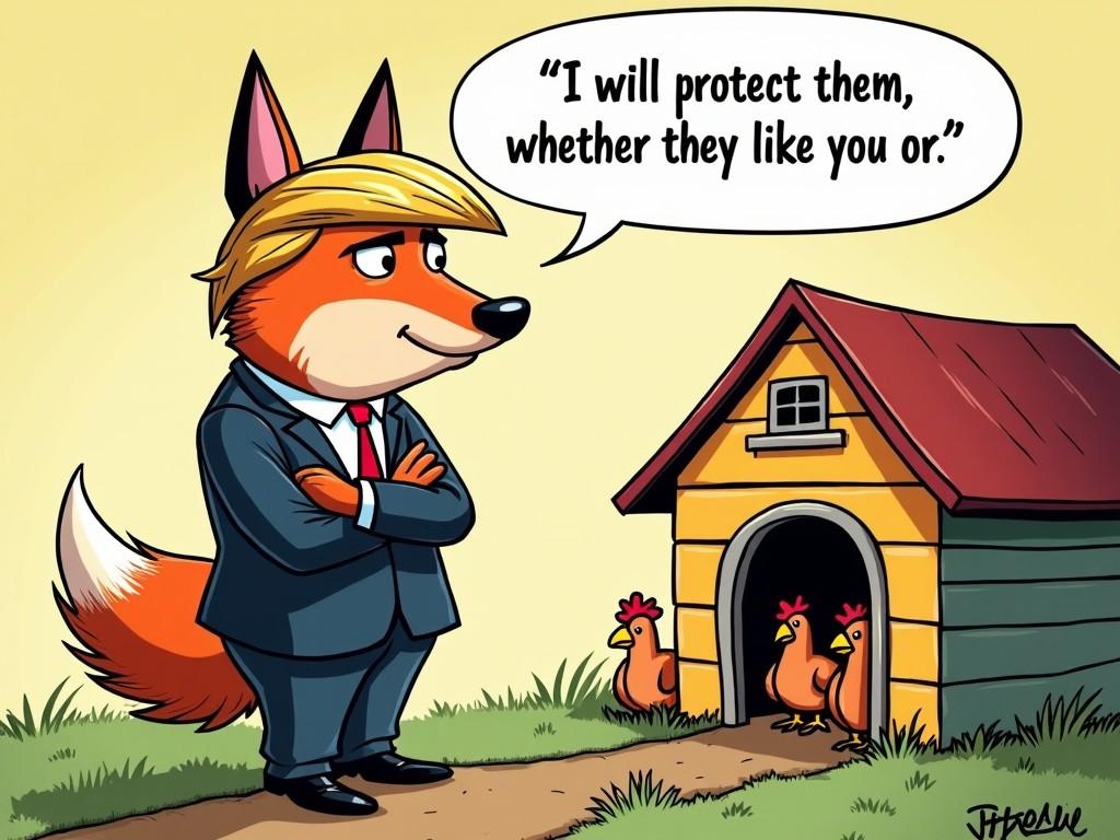 The image features a cartoon fox styled to resemble a political figure standing confidently. The fox is dressed in a suit and has a distinctive hairstyle reminiscent of Donald Trump. It stands guard in front of a colorful hen house, with chickens visible inside. The fox is making a statement about protection, suggesting a humorous take on political themes. The environment is bright and vibrant, enhancing the playful tone of the illustration.