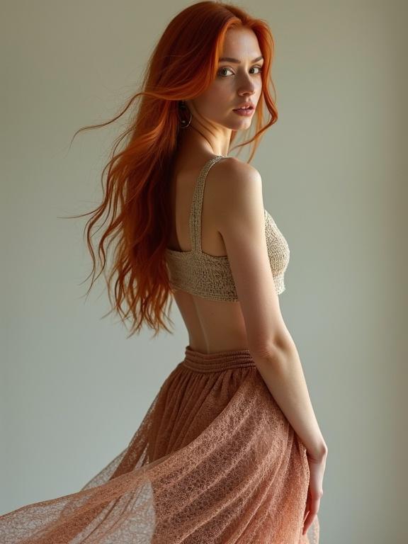 Portrait of a woman wearing a delicate fabric micro skirt. Redhead with long, wavy hair standing gracefully. The dress has a soft flowing appearance and highlights feminine elegance.