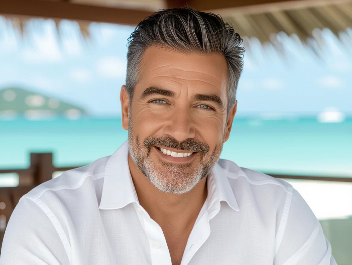 A man in a white shirt is sitting at a resort. Background features a beautiful ocean view. The man has light brown skin with semi-grayish hair and beard. The environment is tropical and relaxing.