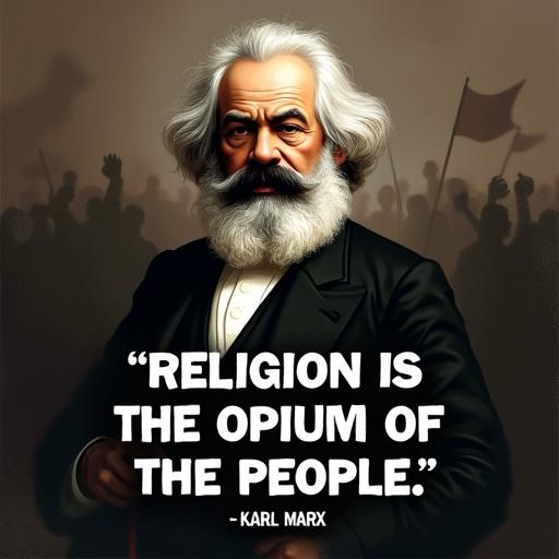 Create a powerful A4 poster featuring Karl Marx’s quote. At the top, his name in bold font. In the center, an illustrated portrait of Karl Marx with his beard and intense expression. The background dark and evocative with shadows or abstract crowd. Below, the quote in strong font.