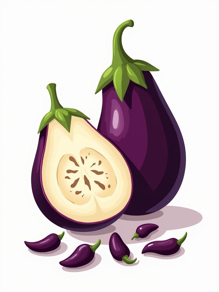 Bold illustration shows a whole eggplant next to a sliced eggplant revealing seeds inside. Several small tamarind pods surround the eggplants. Clean white background highlights the colors.