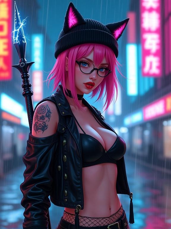 Futuristic female warrior with pink hair and cat ear winter hat, wearing leather jacket and bikini mix clothes, standing in a rainy neon city, capturing a cute and mature look, with cybernetic tattoos and a glowing glaive.