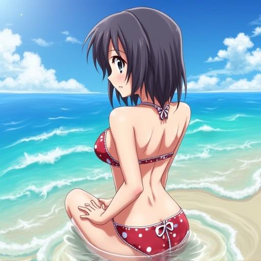 One anime girl sitting on the beach in a polka dot red bikini. Ocean waves gently lapping at her feet. Bright sunny sky with fluffy clouds. She gazes back over her shoulder.