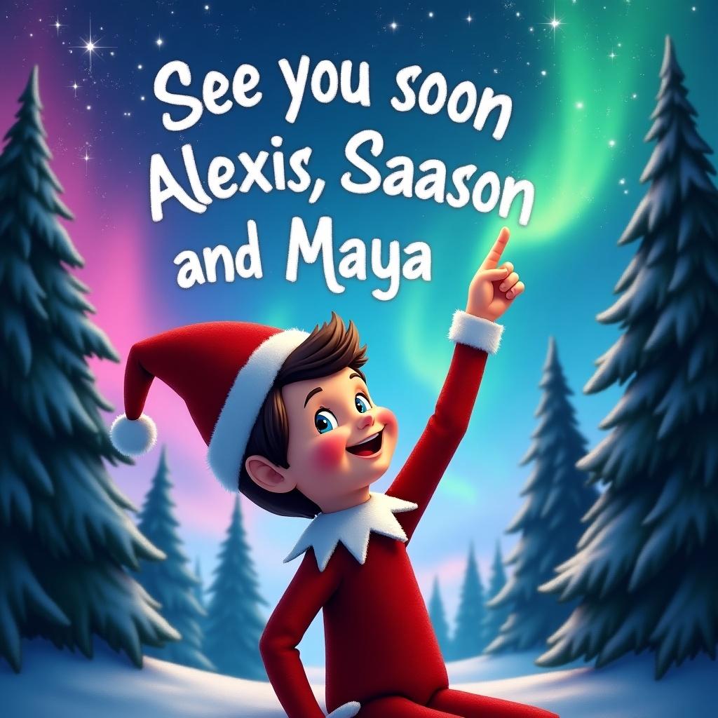 A joyful boy elf on the shelf with short hair is pointing upwards, playfully writing the words 'See you soon Alexis, Saxon and Maya' in a vibrant night sky. The sky is illuminated with beautiful northern lights in shades of pink, blue, green, and purple. The elf is wearing a traditional red outfit with a Santa hat, embodying the festive spirit. His expression is full of wonder as he interacts with the magical environment. Tall evergreen trees frame the scene, adding to the enchanting winter atmosphere.