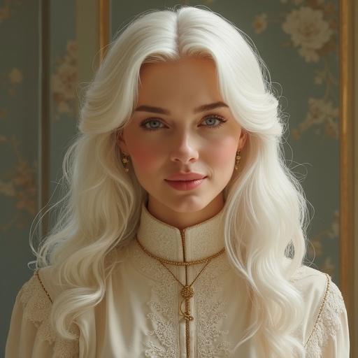 A beautiful mature woman with long white hair styled elegantly. She has a glamorous figure and calm nobility. Her face is youthful and dignified, with smooth fair skin and refined features. She wears a stylish outfit suitable for going out. The background is soft and blurred, focusing on her serene expression. The style is semi-realistic portrait, warm-toned colors. A classy and peaceful atmosphere is portrayed in the scene after taking a bath.