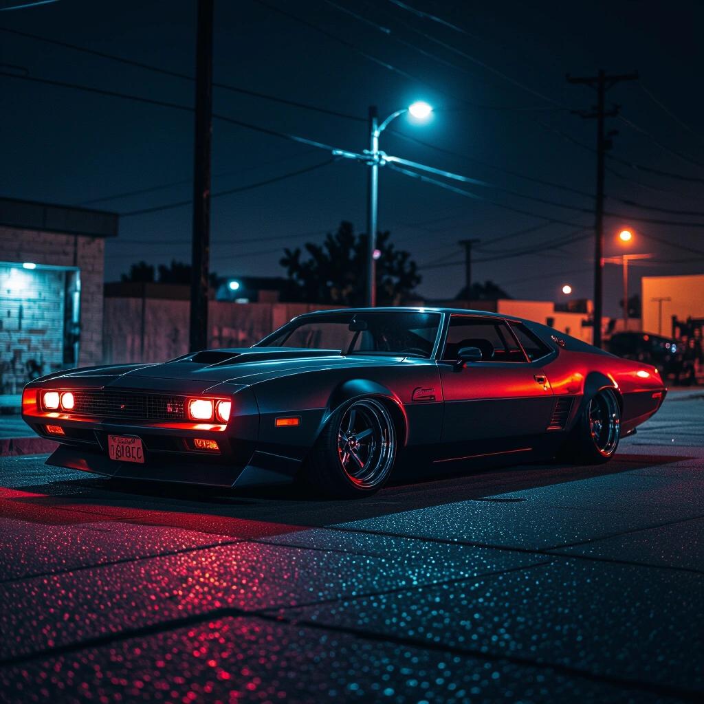 A parked futuristic low rider car in dark setting. Side view captures its angular design. Neon lights illuminate the scene with a ghetto vibe. Car features deep grooves and engraved details.