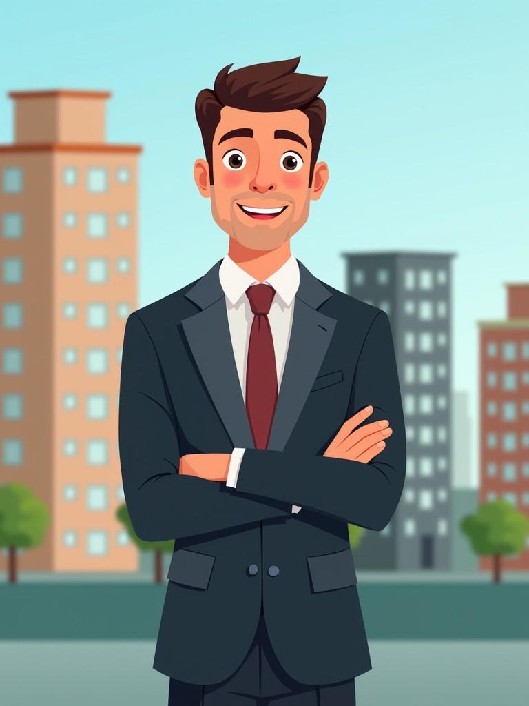 Animated avatar representing a real estate agent in a business environment. Character dressed in a suit and tie showing engagement and approachability. Background includes buildings highlighting the real estate theme. The color palette promotes a professional appearance.