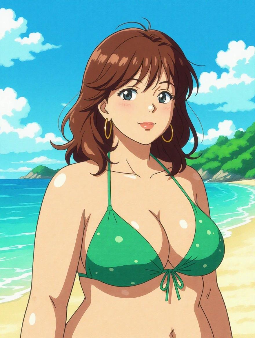 Ghibli style anime illustration of a mature woman in a green bikini standing on the beach. The woman has a plump and curvy figure and is looking to the right from a side perspective.